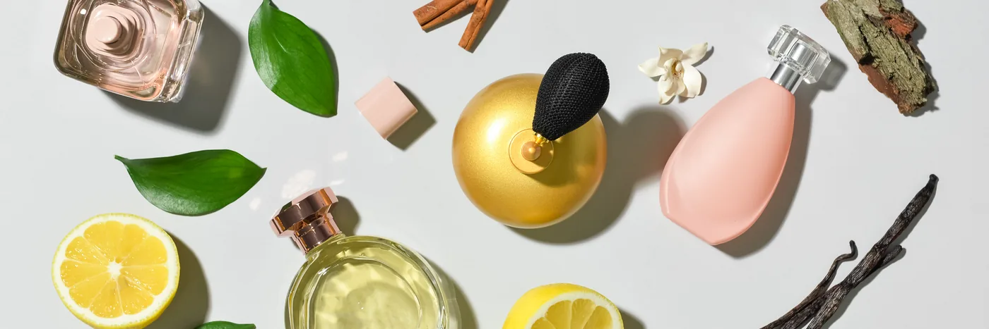 An overhead spread of unbranded perfume bottles laid out among the raw materials they are built from: lemon halves, cinnamon sticks, vanilla pods, jasmine flowers, green leaves and a piece of mossy bark.